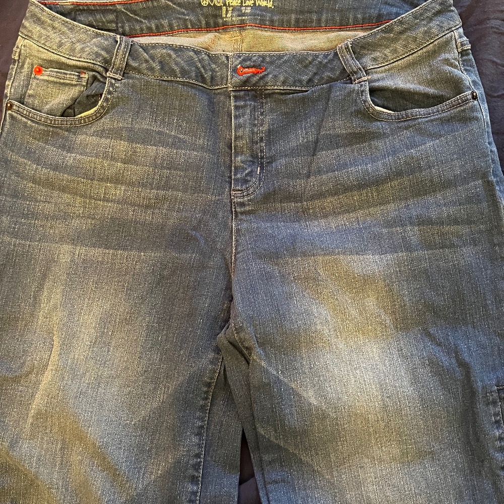 Peace Love World blue jeans